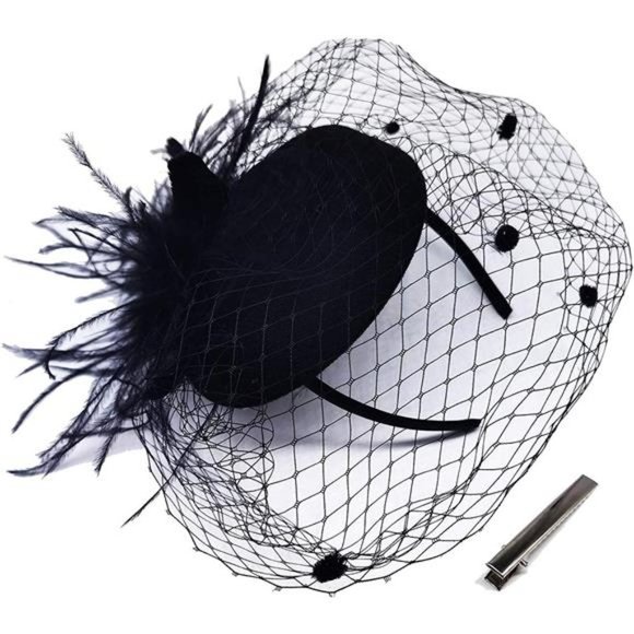 FASCINATORS Hats Pillbox Hat Cocktail Tea Party Feather-black - Picture 1 of 7